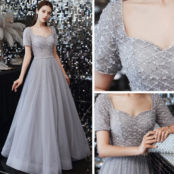 Classique Gris Dansant Robe De Bal 2020 Princesse Encolure Carrée Manches Courtes Paillettes Perlage Longue Volants Dos Nu Robe De Ceremonie