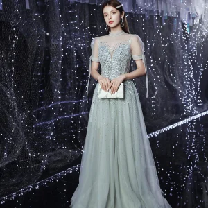 High End Silver See Through Dancing Prom Dresses 2020 A Line Princess High Neck Puffy Short Sleeve Sequins Beading Rhinestone Floor Length Long Ruffle Backless Formal Dresses