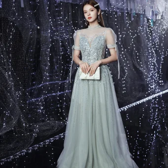 High End Silver See Through Dancing Prom Dresses 2020 A Line Princess High Neck Puffy Short Sleeve Sequins Beading Rhinestone Floor Length Long Ruffle Backless Formal Dresses