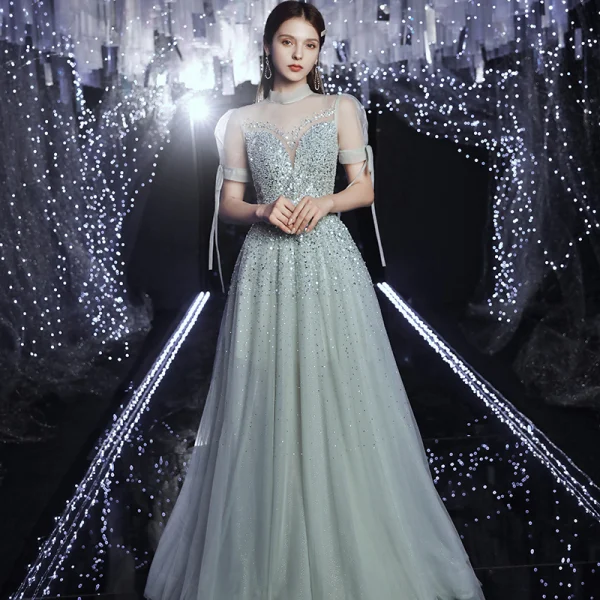Haut de Gamme Argenté Transparentes Dansant Robe De Bal 2020 Princesse Col Haut Gonflée Manches Courtes Paillettes Perlage Faux Diamant Longue Volants Dos Nu Robe De Ceremonie