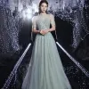 High-end Silver See-through Dancing Prom Dresses 2020 A-Line / Princess High Neck Puffy Short Sleeve Sequins Beading Rhinestone Floor-Length / Long Ruffle Backless Formal Dresses