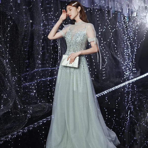 Haut de Gamme Argenté Transparentes Dansant Robe De Bal 2020 Princesse Col Haut Gonflée Manches Courtes Paillettes Perlage Faux Diamant Longue Volants Dos Nu Robe De Ceremonie