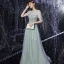 Haut de Gamme Argenté Transparentes Dansant Robe De Bal 2020 Princesse Col Haut Gonflée Manches Courtes Paillettes Perlage Faux Diamant Longue Volants Dos Nu Robe De Ceremonie
