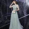 High-end Silver See-through Dancing Prom Dresses 2020 A-Line / Princess High Neck Puffy Short Sleeve Sequins Beading Rhinestone Floor-Length / Long Ruffle Backless Formal Dresses