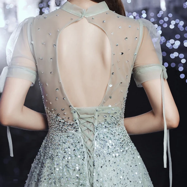 Haut de Gamme Argenté Transparentes Dansant Robe De Bal 2020 Princesse Col Haut Gonflée Manches Courtes Paillettes Perlage Faux Diamant Longue Volants Dos Nu Robe De Ceremonie