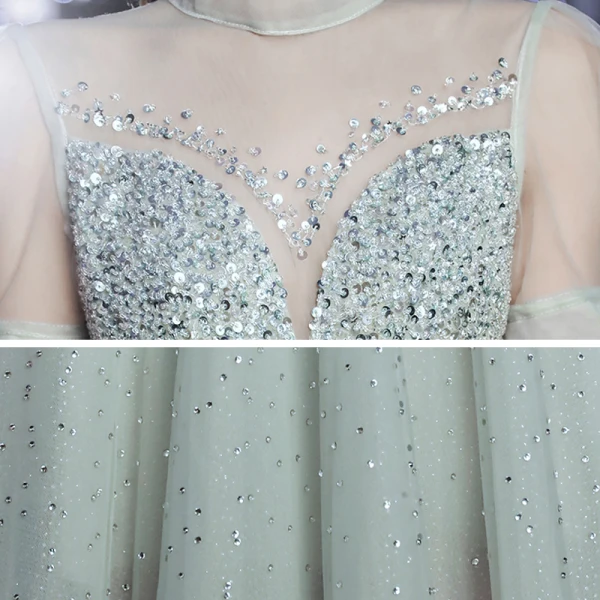 Haut de Gamme Argenté Transparentes Dansant Robe De Bal 2020 Princesse Col Haut Gonflée Manches Courtes Paillettes Perlage Faux Diamant Longue Volants Dos Nu Robe De Ceremonie