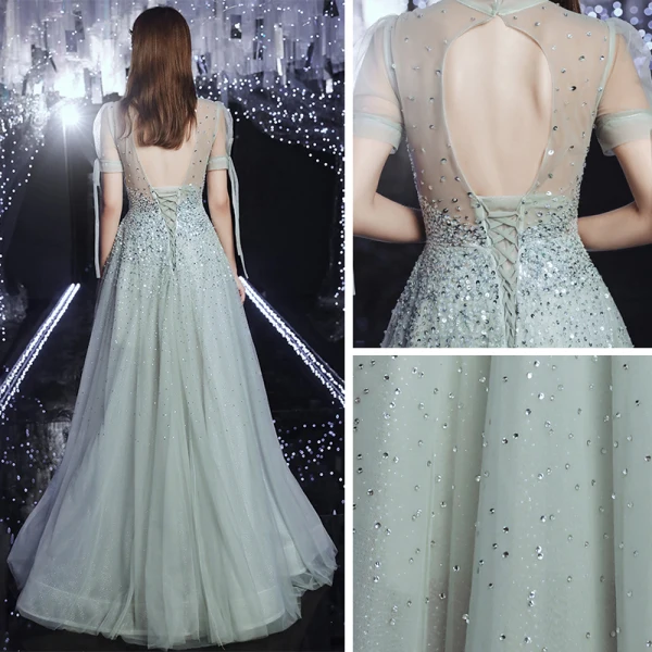 Haut de Gamme Argenté Transparentes Dansant Robe De Bal 2020 Princesse Col Haut Gonflée Manches Courtes Paillettes Perlage Faux Diamant Longue Volants Dos Nu Robe De Ceremonie