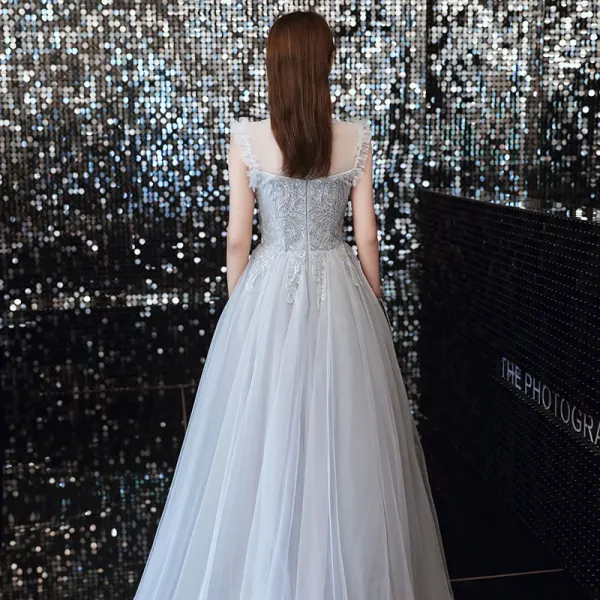 Vintage / Retro Grey Prom Dresses 2020 A-Line / Princess See-through High Neck Sleeveless Beading Floor-Length / Long Ruffle Formal Dresses