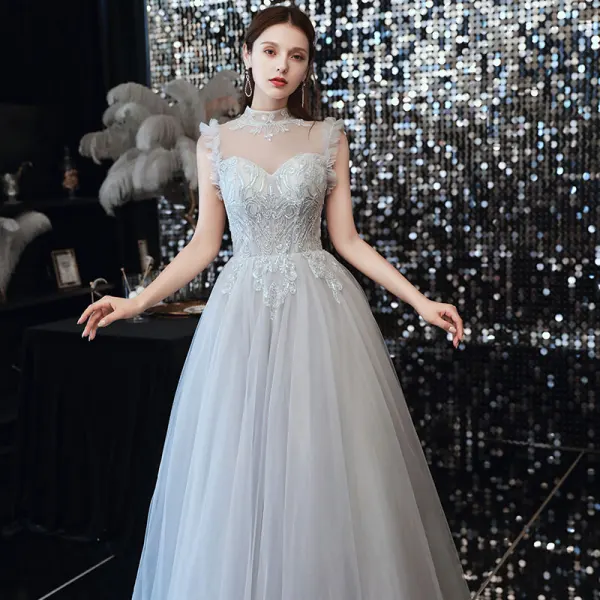 Vintage / Retro Grey Prom Dresses 2020 A-Line / Princess See-through High Neck Sleeveless Beading Floor-Length / Long Ruffle Formal Dresses