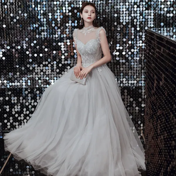 Vintage / Retro Grey Prom Dresses 2020 A-Line / Princess See-through High Neck Sleeveless Beading Floor-Length / Long Ruffle Formal Dresses