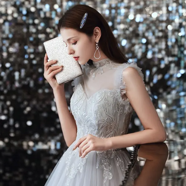 Vintage / Retro Grey Prom Dresses 2020 A-Line / Princess See-through High Neck Sleeveless Beading Floor-Length / Long Ruffle Formal Dresses