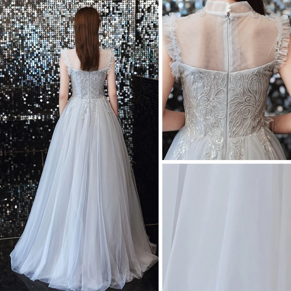 Vintage / Retro Grey Prom Dresses 2020 A-Line / Princess See-through High Neck Sleeveless Beading Floor-Length / Long Ruffle Formal Dresses
