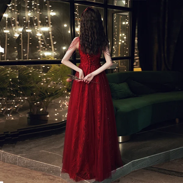 Chic / Belle Rouge Robe De Soirée 2020 Princesse Col Haut Sans Manches Perlage Paillettes Longue Volants Dos Nu Robe De Ceremonie