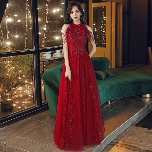 Chic / Belle Rouge Robe De Soirée 2020 Princesse Col Haut Sans Manches Perlage Paillettes Longue Volants Dos Nu Robe De Ceremonie