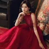 Chic / Beautiful Red Evening Dresses  2020 A-Line / Princess High Neck Sleeveless Beading Sequins Floor-Length / Long Ruffle Backless Formal Dresses