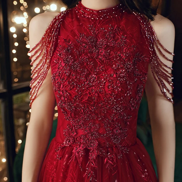 Chic / Belle Rouge Robe De Soirée 2020 Princesse Col Haut Sans Manches Perlage Paillettes Longue Volants Dos Nu Robe De Ceremonie