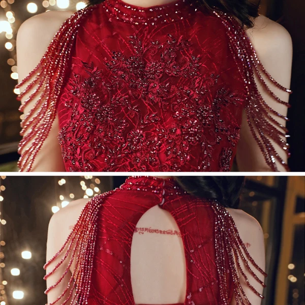 Chic / Belle Rouge Robe De Soirée 2020 Princesse Col Haut Sans Manches Perlage Paillettes Longue Volants Dos Nu Robe De Ceremonie