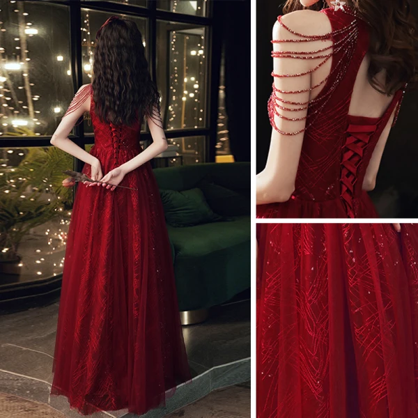 Chic / Belle Rouge Robe De Soirée 2020 Princesse Col Haut Sans Manches Perlage Paillettes Longue Volants Dos Nu Robe De Ceremonie