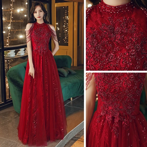 Chic / Belle Rouge Robe De Soirée 2020 Princesse Col Haut Sans Manches Perlage Paillettes Longue Volants Dos Nu Robe De Ceremonie