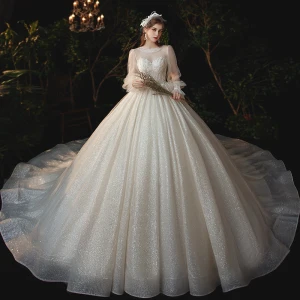 Style Victorien Champagne Transparentes La Mariée Robe De Mariée 2020 Robe Boule Encolure Dégagée Gonflée Manches Longues Dos Nu Appliques En Dentelle Paillettes Perlage Glitter Tulle Cathedral Train Volants