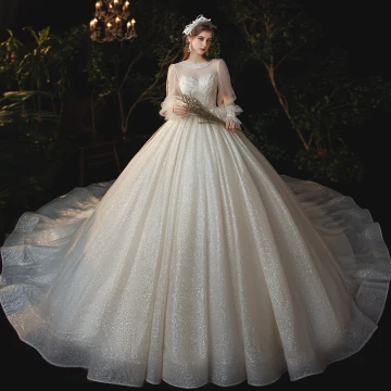 Victorian Style Champagne See Through Bridal Wedding Dresses 2020 Ball Gown Scoop Neck Puffy Long Sleeve Backless Appliques Lace Sequins Beading Glitter Tulle Cathedral Train Ruffle