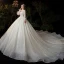 Victorian Style Champagne See-through Bridal Wedding Dresses 2020 Ball Gown Scoop Neck Puffy Long Sleeve Backless Appliques Lace Sequins Beading Glitter Tulle Cathedral Train Ruffle