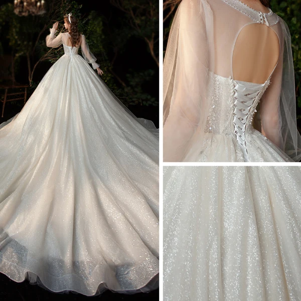Victorian Style Champagne See-through Bridal Wedding Dresses 2020 Ball Gown Scoop Neck Puffy Long Sleeve Backless Appliques Lace Sequins Beading Glitter Tulle Cathedral Train Ruffle