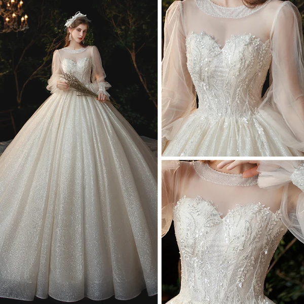 Victorian Style Champagne See-through Bridal Wedding Dresses 2020 Ball Gown Scoop Neck Puffy Long Sleeve Backless Appliques Lace Sequins Beading Glitter Tulle Cathedral Train Ruffle