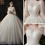 Victorian Style Champagne See-through Bridal Wedding Dresses 2020 Ball Gown Scoop Neck Puffy Long Sleeve Backless Appliques Lace Sequins Beading Glitter Tulle Cathedral Train Ruffle