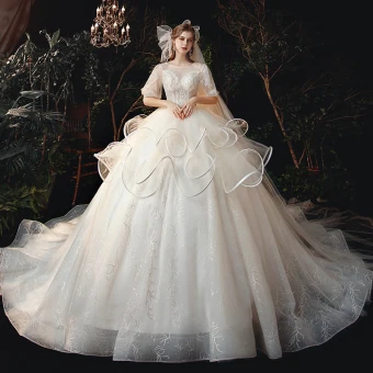 Victorian Style Champagne Bridal Wedding Dresses 2020 Ball Gown See Through Scoop Neck Puffy 1 2 Sleeves Backless Beading Glitter Tulle Cathedral Train Ruffle