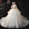 Victorian Style Champagne Bridal Wedding Dresses 2020 Ball Gown See-through Scoop Neck Puffy 1/2 Sleeves Backless Beading Glitter Tulle Cathedral Train Ruffle