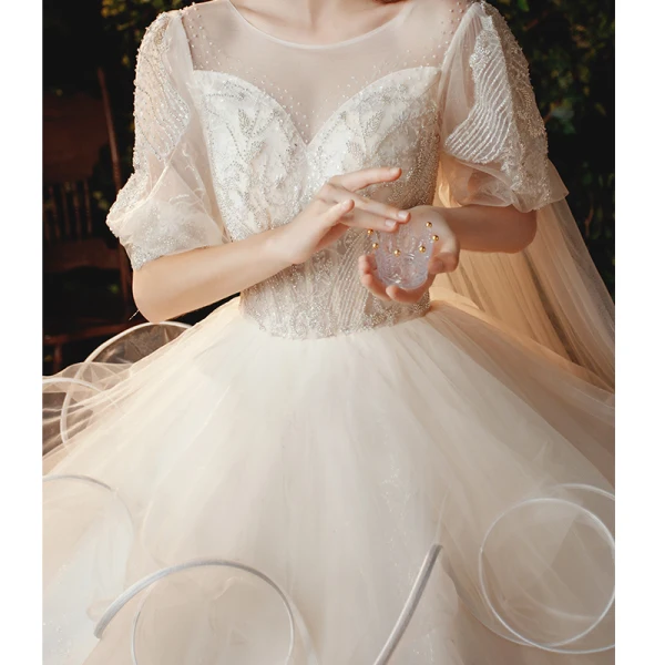 Style Victorien Champagne La Mariée Robe De Mariée 2020 Robe Boule Transparentes Encolure Dégagée Gonflée 1/2 Manches Dos Nu Perlage Glitter Tulle Cathedral Train Volants