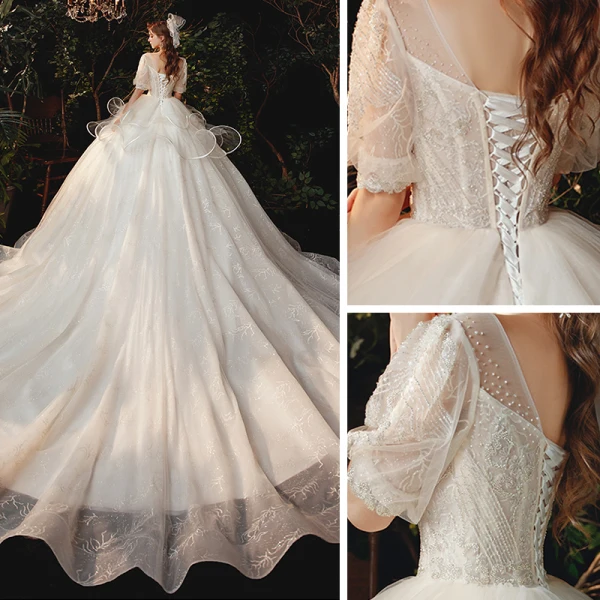 Style Victorien Champagne La Mariée Robe De Mariée 2020 Robe Boule Transparentes Encolure Dégagée Gonflée 1/2 Manches Dos Nu Perlage Glitter Tulle Cathedral Train Volants