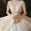 Sparkly Champagne Bridal Wedding Dresses 2020 Ball Gown V-Neck Short Sleeve Backless Appliques Sequins Cathedral Train Ruffle