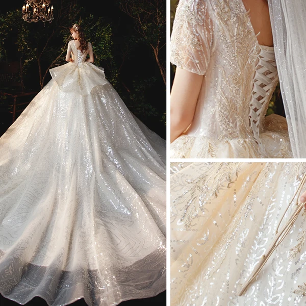 Sparkly Champagne Bridal Wedding Dresses 2020 Ball Gown V-Neck Short Sleeve Backless Appliques Sequins Cathedral Train Ruffle