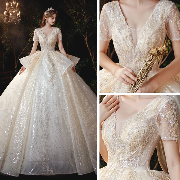 Sparkly Champagne Bridal Wedding Dresses 2020 Ball Gown V-Neck Short Sleeve Backless Appliques Sequins Cathedral Train Ruffle