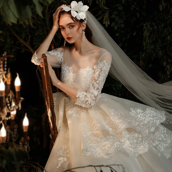 Illusion Champagne Transparentes La Mariée Robe De Mariée 2020 Robe Boule Encolure Dégagée 3/4 Manches Appliques En Dentelle Perlage Glitter Tulle Dos Nu Cathedral Train Volants