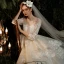Illusion Champagne Transparentes La Mariée Robe De Mariée 2020 Robe Boule Encolure Dégagée 3/4 Manches Appliques En Dentelle Perlage Glitter Tulle Dos Nu Cathedral Train Volants