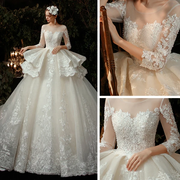 Illusion Champagne Transparentes La Mariée Robe De Mariée 2020 Robe Boule Encolure Dégagée 3/4 Manches Appliques En Dentelle Perlage Glitter Tulle Dos Nu Cathedral Train Volants