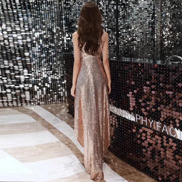 Sparkly Rose Gold Sequins Cocktail Dresses 2020 A-Line / Princess High Neck Sleeveless Beading Asymmetrical Formal Dresses