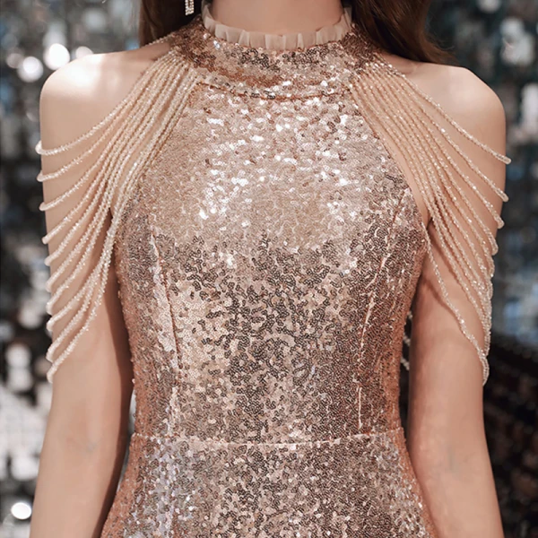 Sparkly Rose Gold Sequins Cocktail Dresses 2020 A-Line / Princess High Neck Sleeveless Beading Asymmetrical Formal Dresses