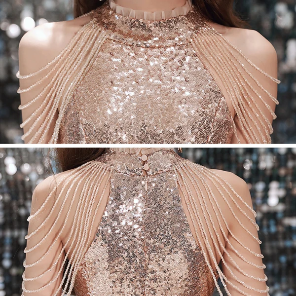 Sparkly Rose Gold Sequins Cocktail Dresses 2020 A-Line / Princess High Neck Sleeveless Beading Asymmetrical Formal Dresses