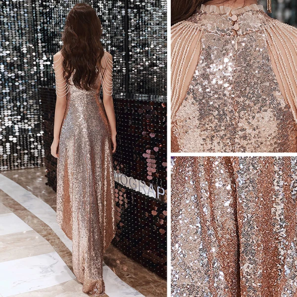 Sparkly Rose Gold Sequins Cocktail Dresses 2020 A-Line / Princess High Neck Sleeveless Beading Asymmetrical Formal Dresses