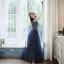 Élégant Bleu Marine Dansant Robe De Bal 2020 Princesse Bretelles Spaghetti Sans Manches Perlage Longue Volants Dos Nu Robe De Ceremonie