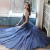 Elegant Navy Blue Dancing Prom Dresses 2020 A-Line / Princess Spaghetti Straps Sleeveless Beading Floor-Length / Long Ruffle Backless Formal Dresses