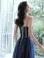 Élégant Bleu Marine Dansant Robe De Bal 2020 Princesse Bretelles Spaghetti Sans Manches Perlage Longue Volants Dos Nu Robe De Ceremonie
