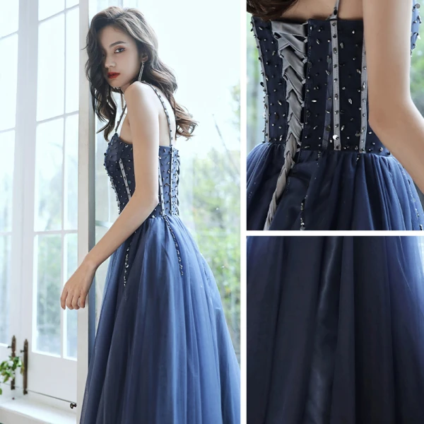 Élégant Bleu Marine Dansant Robe De Bal 2020 Princesse Bretelles Spaghetti Sans Manches Perlage Longue Volants Dos Nu Robe De Ceremonie