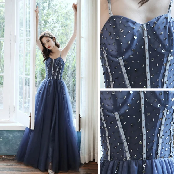 Élégant Bleu Marine Dansant Robe De Bal 2020 Princesse Bretelles Spaghetti Sans Manches Perlage Longue Volants Dos Nu Robe De Ceremonie
