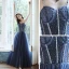 Élégant Bleu Marine Dansant Robe De Bal 2020 Princesse Bretelles Spaghetti Sans Manches Perlage Longue Volants Dos Nu Robe De Ceremonie