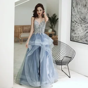 Elegant Hav Blå Dancing Ballkjoler 2020 Prinsesse Spaghettistropper Uten Ermer Appliques Blonder Beading Lange Buste Ryggløse Formelle Kjoler